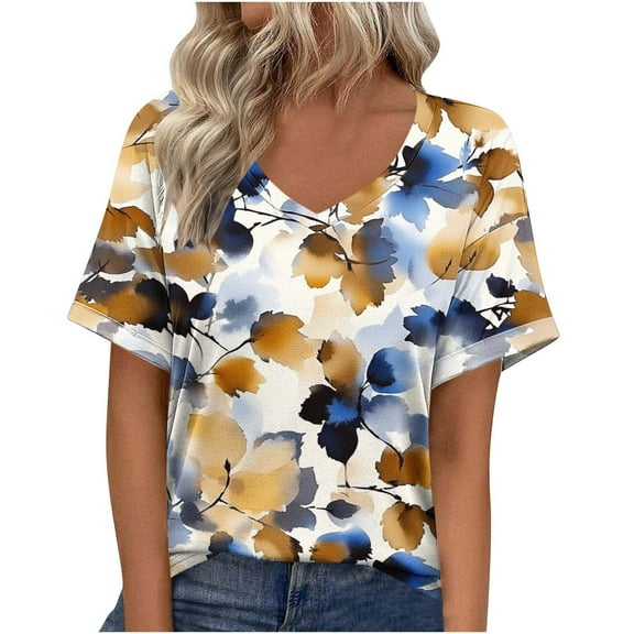 Womens Floral Summer T-Shirts V Neck Short Sleeve Tops Casual Loose Tunic Tee Cozy Basic Blouses