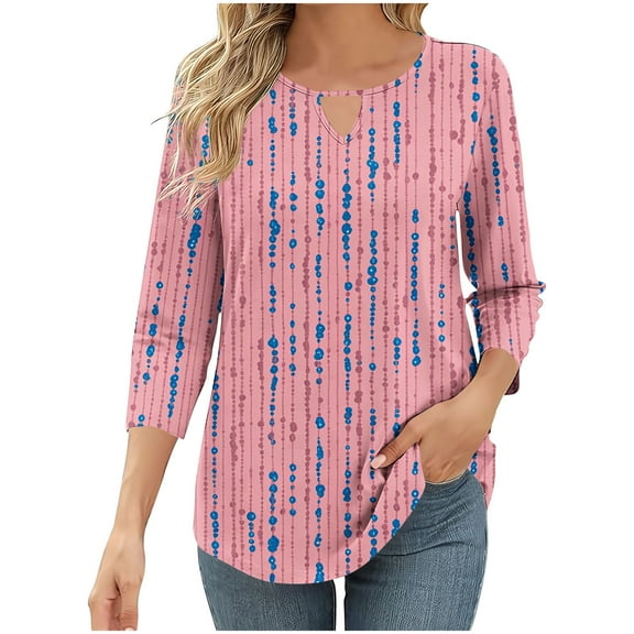 Womens Floral Tee Shirts Rose-Flower Tunic Tops Keyhole Hollow Out T-Shirts Round Neck 3/4 Sleeve Tops Cottage Causal Blosues Lounge Dressy Work Tunics Teen Girls Clothes