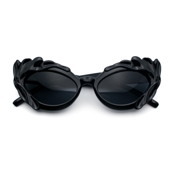 Womens Floral Thick Plastic Foliage Oval Retro Fashion Plastic Sunglasses All Black