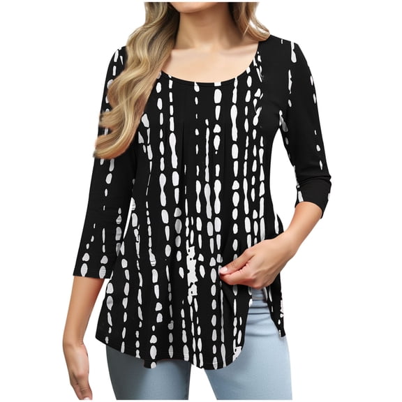Womens Floral Tops 3/4 Sleeve Scoop Neck Pleated Casual Dressy Blouse Loose Fit Tunic Tees Spring Summer Fall Clothes (2XL, Black 02)