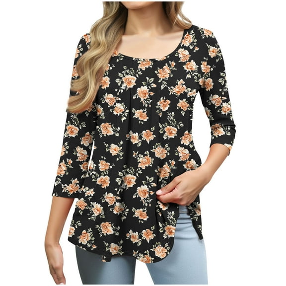 Womens Floral Tops 3/4 Sleeve Scoop Neck Pleated Casual Dressy Blouse Loose Fit Tunic Tees Spring Summer Fall Clothes (XL, Black)