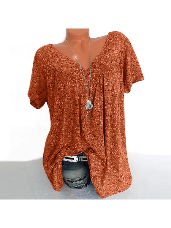 Womens Floral Tops for $5 Tops For Women Casual Spring Summer Women Plus Size Short Sleeves V-Neck Print Blouse Pullover Tops