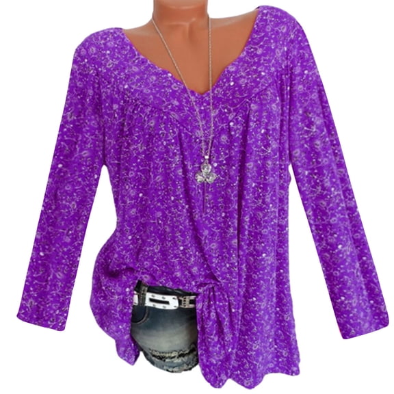 Womens Floral Tops for $5 Tops For Women Casual Spring Summer Women Plus Size Long Sleeves V-Neck Print Blouse Pullover Tops Shirt