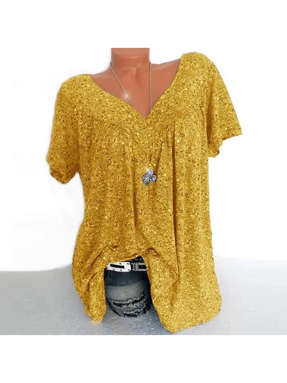 Womens Floral Tops for $5 Tops For Women Casual Spring Summer Women Plus Size Short Sleeves V-Neck Print Blouse Pullover Tops Shirt