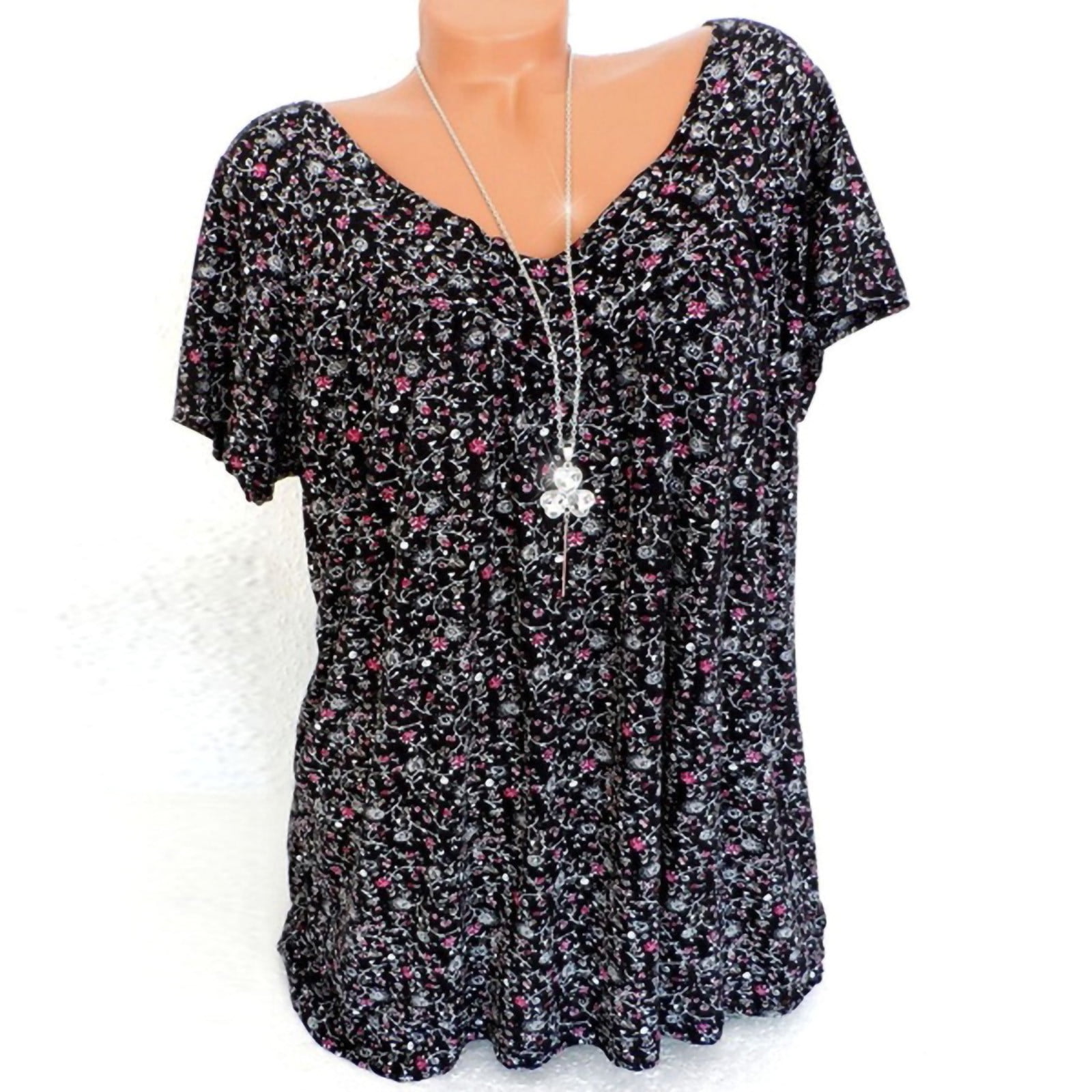 PLUS COLLARED V NECK FLORAL PULLOVER KNIT TOP