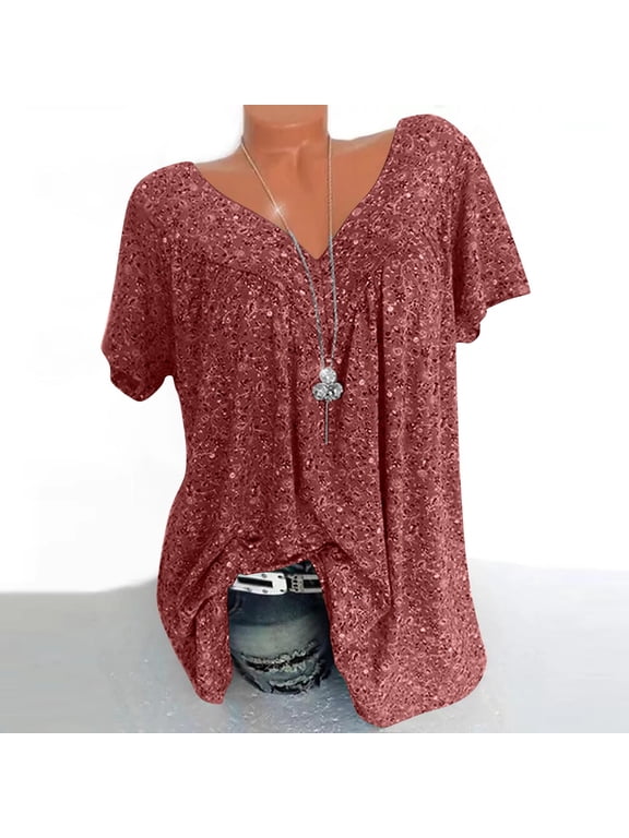 Womens Floral Tops for $5 Tops For Women Casual Spring Summer Women Plus Size Short Sleeves V-Neck Print Blouse Pullover Tops Shirt