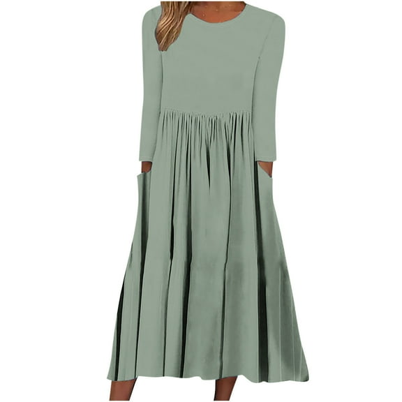 Womens Floral Tshirt Dresses, Ladies Fashion Fall Mid-Calf Long Sleeve Pleated Dress Beach Elegant Long Dress