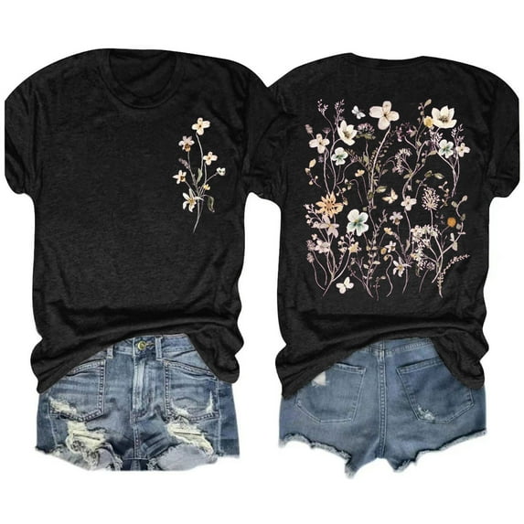 Womens Floral Tshirt Short Sleeve,Summer Floral Tops 2025 Casual Trendy Round Neck T Shirts,Cute Tees Dressy Elegant Blouses,Summer Basic T Shirts for Women Lightweight Soft Casual Summer Outfits
