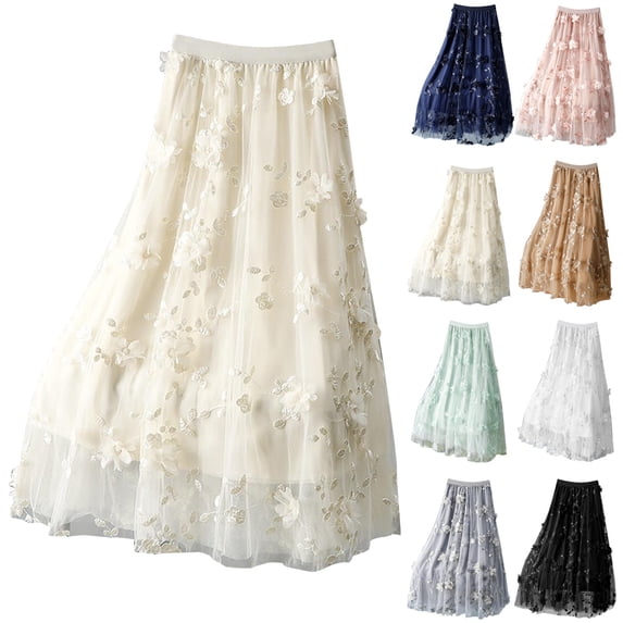 Womens Floral Tulle Skirts High Waisted A-Line Mesh Skirt Embroidery Layered Fairy Skirts Party Casual White