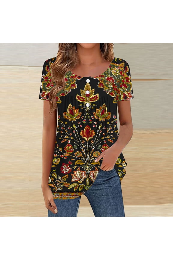 Womens Floral Tunic Top Short Sleeve Boho Blouse Loose Fit Brown Plus Size Wrinkle Free V-Neck Casual Tops,Size 2XL