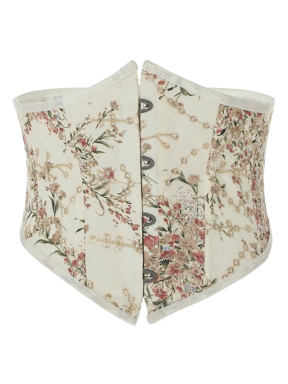 Womens Floral Underbust Buckled Front Corset with Lace Up Design Halloween Themed Clothes Beige S