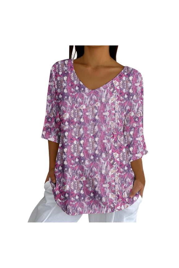 Womens Floral V Neck Blouse 3/4 Sleeve Casual Loose Fit Tunic Tops Lightweight Summer Shirts