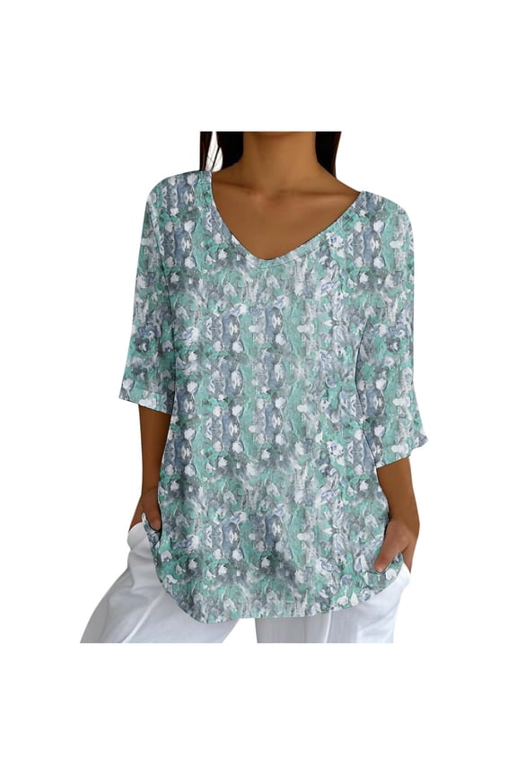 Womens Floral V Neck Blouse 3/4 Sleeve Casual Loose Fit Tunic Tops Lightweight Summer Shirts