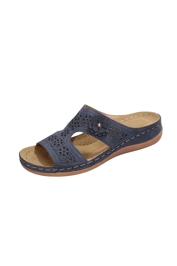 Womens Floral Wedge Slide Sandals - Comfortable Navy PU Faux Leather Open Toe Casual Summer Shoes,Size 9.5