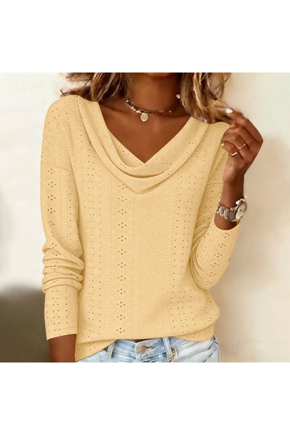 Womens Flounce Pleated Tunic Top - Solid Color Crew Neck Long Sleeve Regal Clasp Elegant Soft Breathable Luxe Classic Everyday Fashion Wear Yellow XL