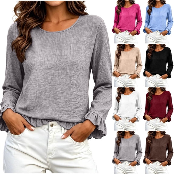 Womens Flounce Sleeve Blouses Crew Neck Loose Fit Elegant Casual Fall Long Ruffle Sleeve Office Shirt Gray S-2XL