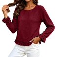 thumbnail image 1 of Womens Flounce Sleeve Blouses Crew Neck Loose Fit Elegant Casual Fall Long Ruffle Sleeve Office Shirt Wine 2XL, 1 of 7