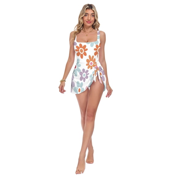 Womens Flower Cartoon Pattern Print 2-in-1 Swim Dress Detachable Skirt One-Piece Swimsuit Square Neck S-XXL