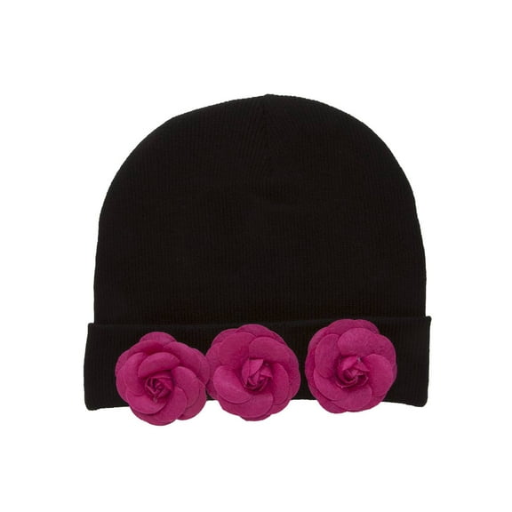 Womens Flower Cuff Beanie Black - Hot Pink