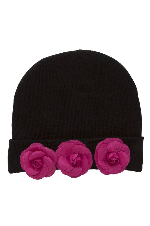 Womens Flower Cuff Beanie Black - Hot Pink