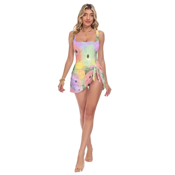 Womens Flower Design Print 2-in-1 Swim Dress Detachable Skirt One-Piece Swimsuit Square Neck S-XXL