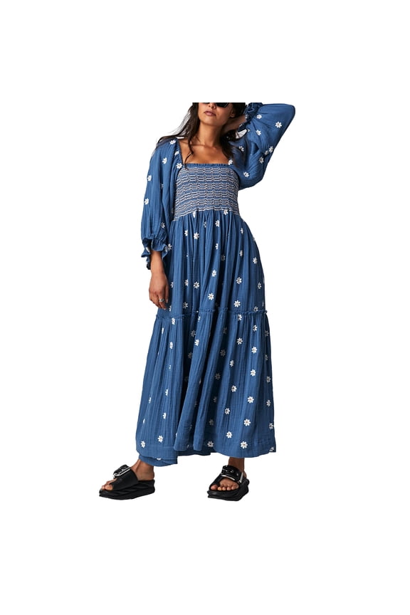 Womens Flower Embroidered Maxi Dress Lantern Sleeve Square Neck Tiered Flowy Spring Fall Dress