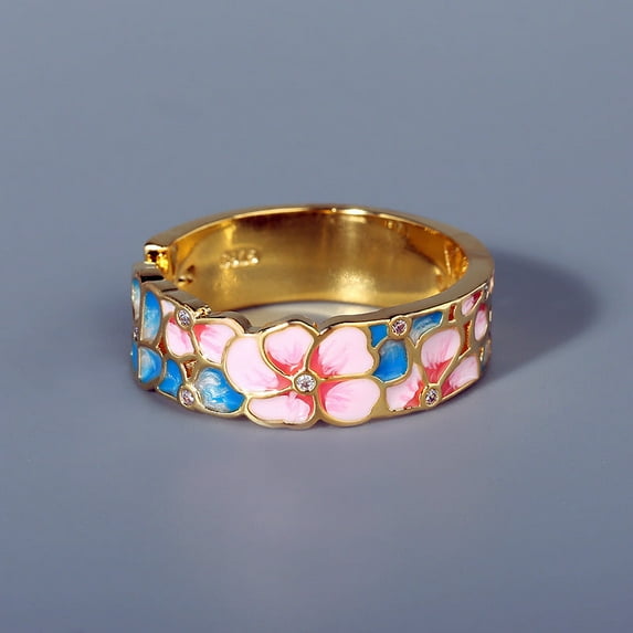Womens Flower Enamel Ring Diamond Accent Brass Alloy Inlaid Fashion Jewelry Gift For Her Elegant Statement Piece