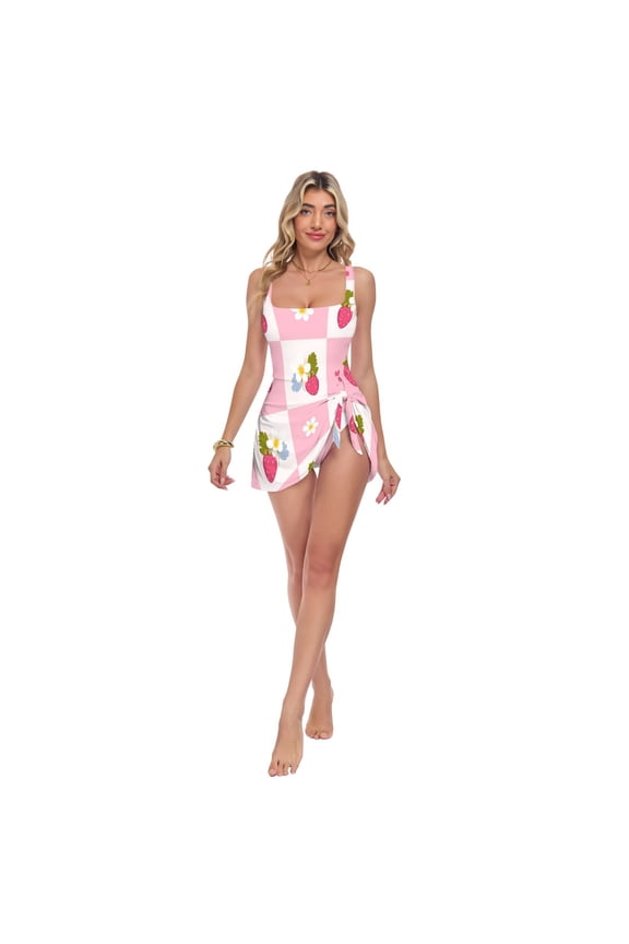 Womens Flower Plaid Strawberry Pattern Print 2-in-1 Swim Dress Detachable Skirt One-Piece Swimsuit Square Neck S-XXL
