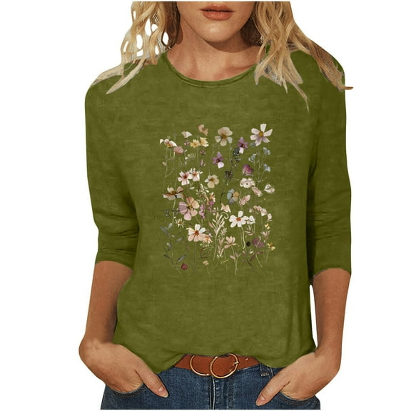 Womens Flower Print 3/4 Sleeve Tops Dressy Casual Round Neck Loose Blouses Pullover Cute Graphic Tee Shirts