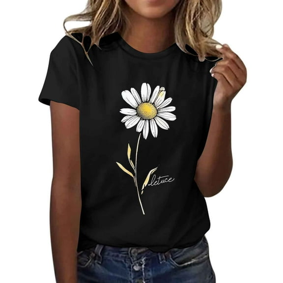 Womens Flower Print T Shirt Sunflower Graphic Short Sleeve Tees Crewneck Casual Shirts Summer Loose Fit Tops