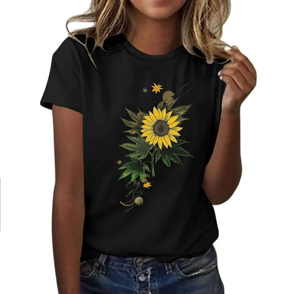 Womens Flower Print T Shirt Sunflower Graphic Short Sleeve Tees Crewneck Casual Shirts Summer Loose Fit Tops