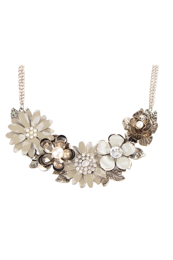 Womens Flower Rhinestones Pearl Statement Bib Golden Tone Necklace With Gray Yellow Enamel