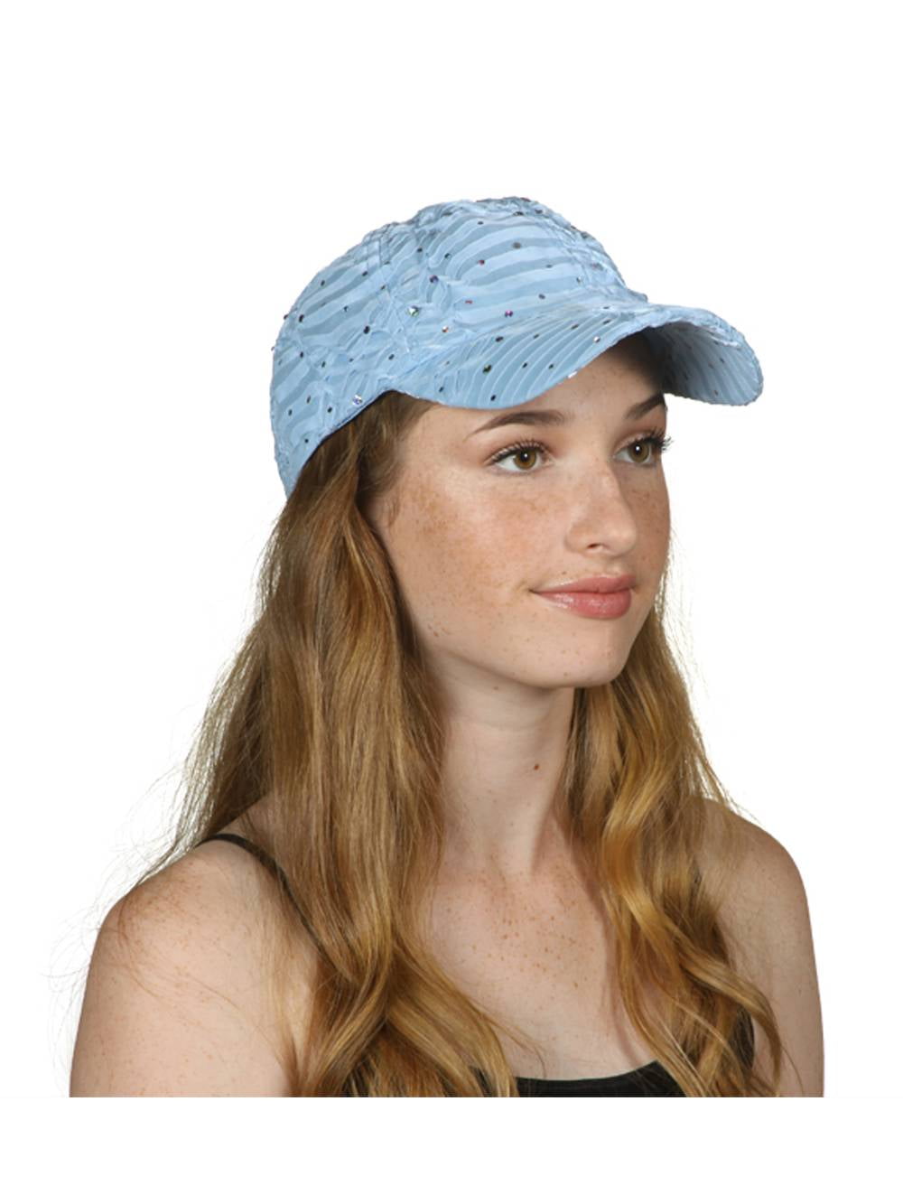 Womens Flower Sequin Trim Baseball Cap Light Blue