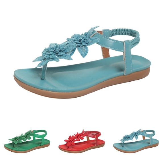 Womens Flower T-Strap Flat Sandals Stretch Slingback Non Slip Soft Sole Summer Casual Walking Sandals 42