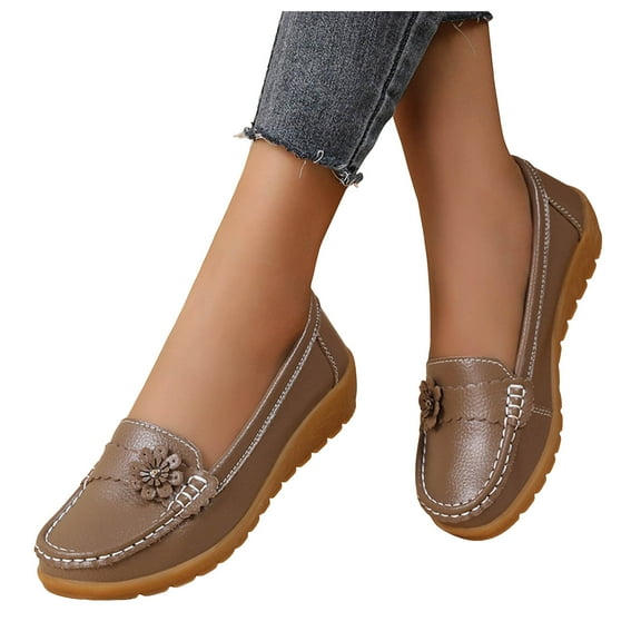 Womens Flower Wedge Low Heel Slip on Loafers Walking Shoes Comfortable Soft Leather Beach Dress Work Shoes
