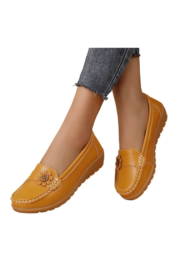 Womens Flower Wedge Low Heel Slip on Loafers Walking Shoes Comfortable Soft Leather Beach Dress Work Shoes