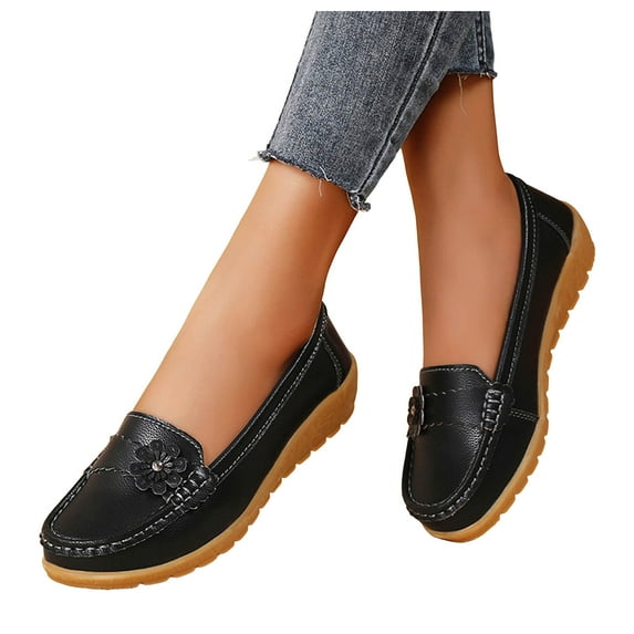 Womens Flower Wedge Low Heel Slip on Loafers Walking Shoes Comfortable Soft Leather Beach Dress Work Shoes