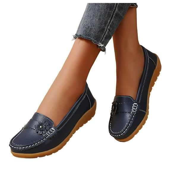 Womens Flower Wedge Low Heel Slip on Loafers Walking Shoes Comfortable Soft Leather Beach Dress Work Shoes