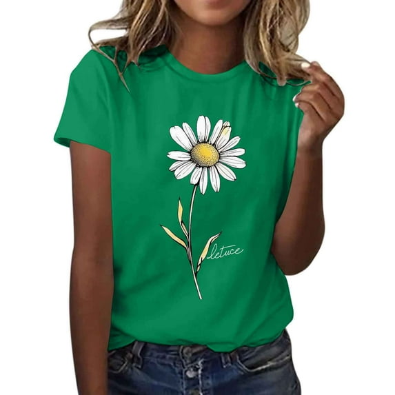 Womens Flowers Shirts Summer Round Neck Short Sleeve T-Shirts Casual Fashion Loose Blouses Pullover Top Spring Clothing