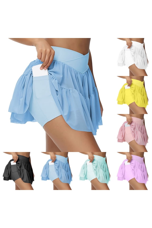 Womens Flowy Athletic Shorts Running Shorts With Pockets Spandex Butterfly Workout Tennis Skorts Blue M