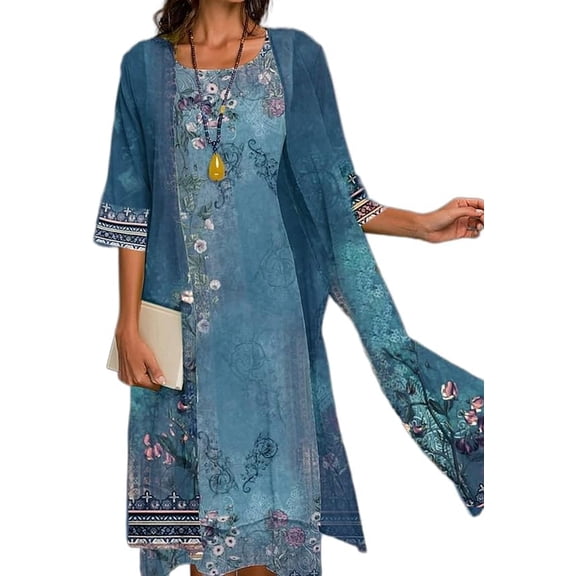 Womens Flowy Boho Floral Midi Dresses with Jacket Elegant Wedding Guest Chiffon Cocktail Dress 2 Piece