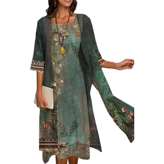 Womens Flowy Boho Floral Midi Dresses with Jacket Elegant Wedding Guest Chiffon Cocktail Dress 2 Piece