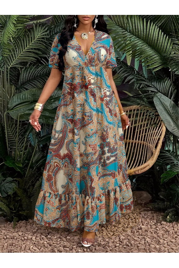 Womens Flowy Boho Floral Paisley Long Dress Summer Loose Fit V Neck Short Sleeve Casual Maxi Gown