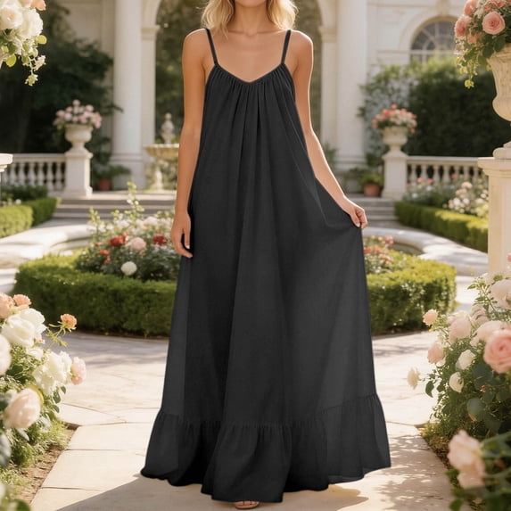 Womens Flowy Cami Dress Summer Casual Backless Sleeveless Boho Spaghetti Strap Loose Fitting Ruffle Beach Maxi Dresses Black XL