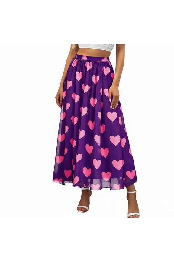 Womens Flowy Chiffon Midi Skirt Purple - Romantic Heart Print A-Line Skirt with Elastic Waist for Summer Beach,Size 2XL