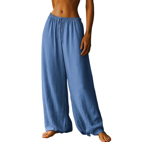 Womens Flowy Cotton Pants Wide Leg Drawstring Palazzo Lounge Pant Trousers Elastic Waist Boho Vacation Slacks