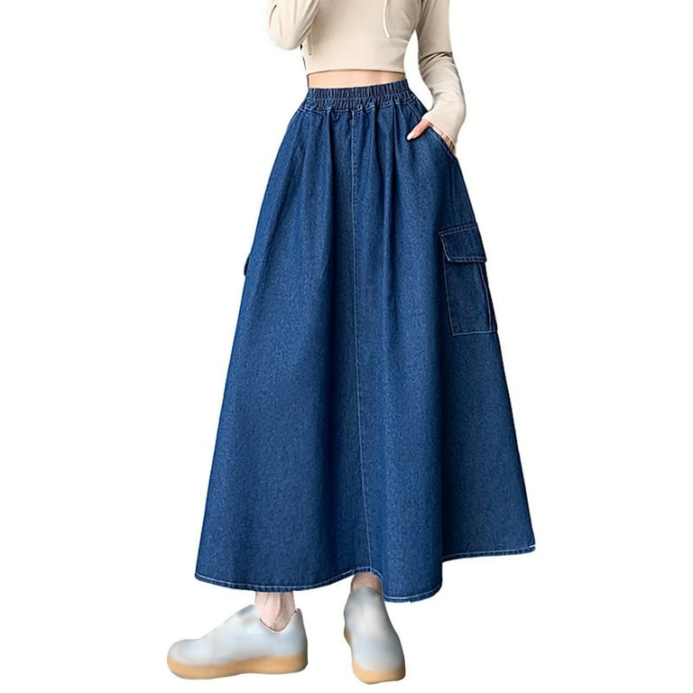 Womens Flowy Denim Skirt Plus Size Loose Casual Elastic High