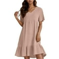 thumbnail image 1 of Womens Flowy Elegant Dresses Knee Length Short Sleeve Ruffle Tiered Layered Lightweight Pleated Dresses V Neck Cotton Linen Work A-Line Dresses Pink M, 1 of 5