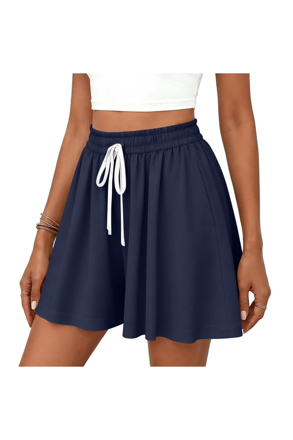 Womens Flowy High Waisted Shorts Loose Fit Drawstring Casual Summer Shorts with Side Pockets Blue M