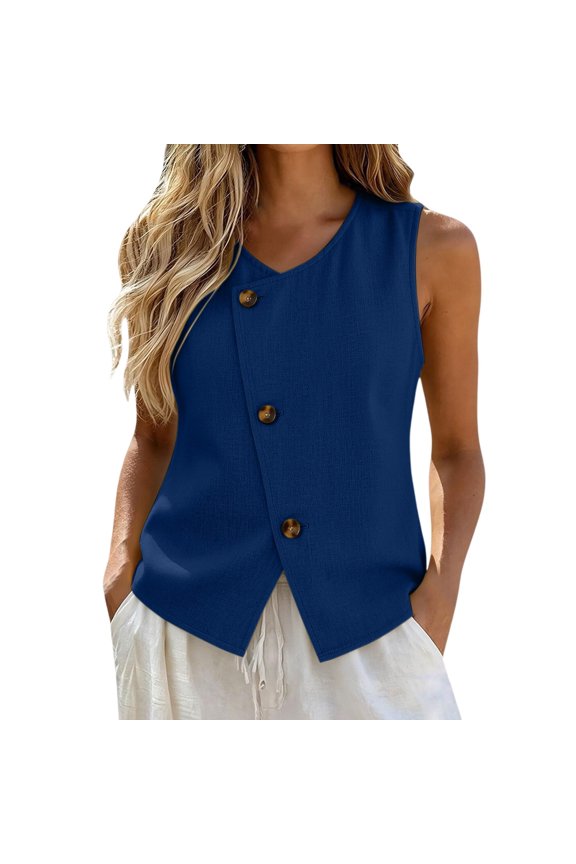 Womens Flowy Linen Tank Top Asymmetrical Wrap Button Vest Tops Flowy Shirts Work Vests Tunic Top Crewneck Shirt Going Out Tops Summer Gauze Shirt Racerback Sleeveless Layering Camisoles Ladies Blouse